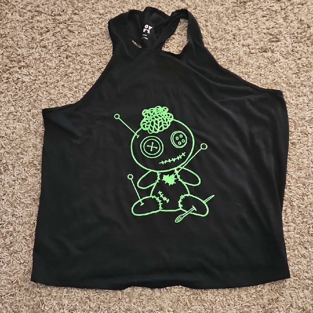 Black Tank Top with Green Voodoo Doll Design